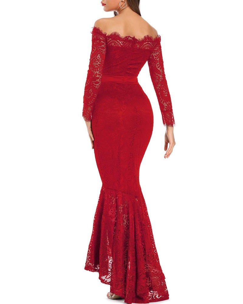 LALAGEN Women's Floral Lace Long Sleeve Off Shoulder Wedding Mermaid Dress Red L - Image 2